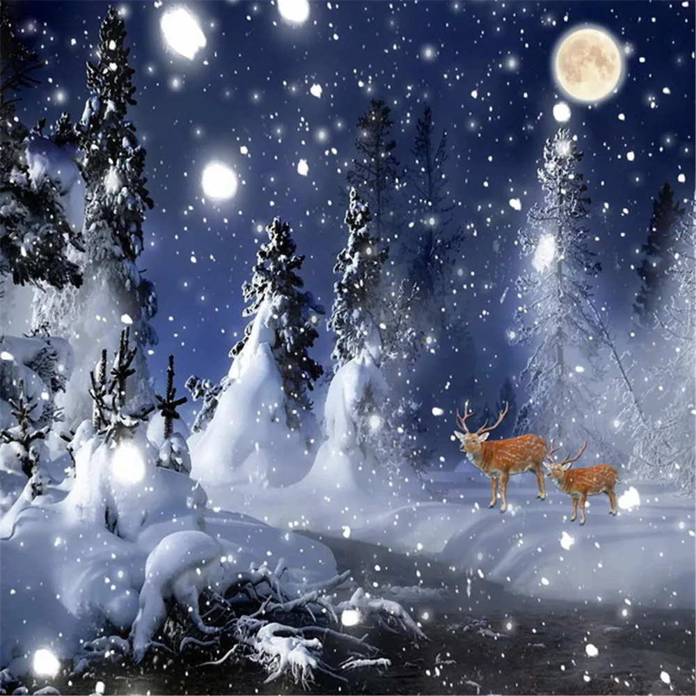 

Winter Wonderland Photography Backdrops Blue Night Sky Full Moon Snow Covered Pine Trees Snowflakes Elks Kids Photo Backgrounds