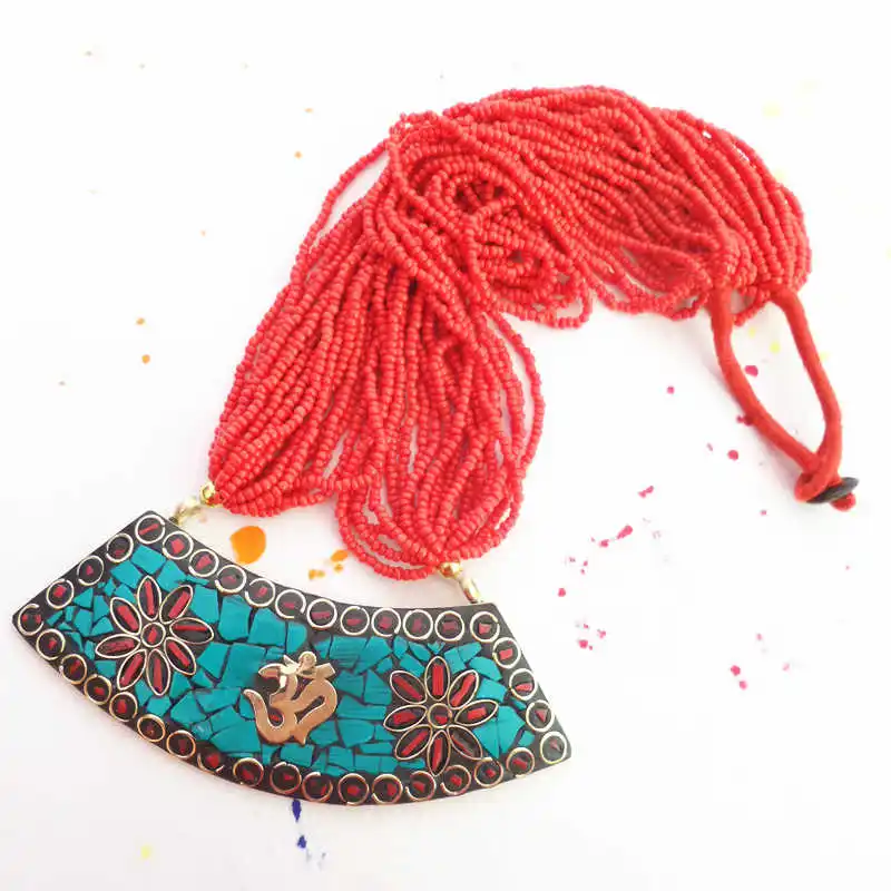 TNL600 Nepal Big Vintage Pendants Red Mini Beaded Necklace Tribal fashion Wholesale Tibetan Jewerly Handmade