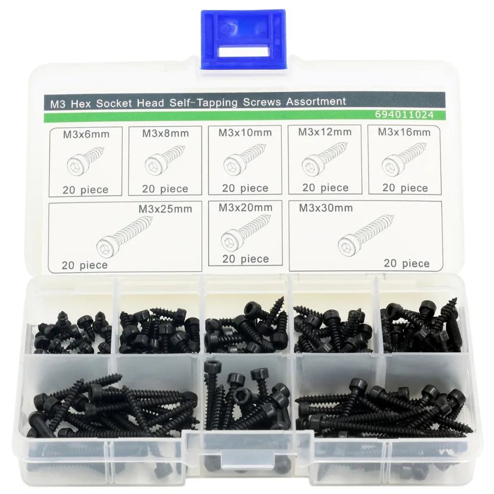 

160 Piece M3 Hex Socket Cap Head Self-Tapping Screws Assortment Kit