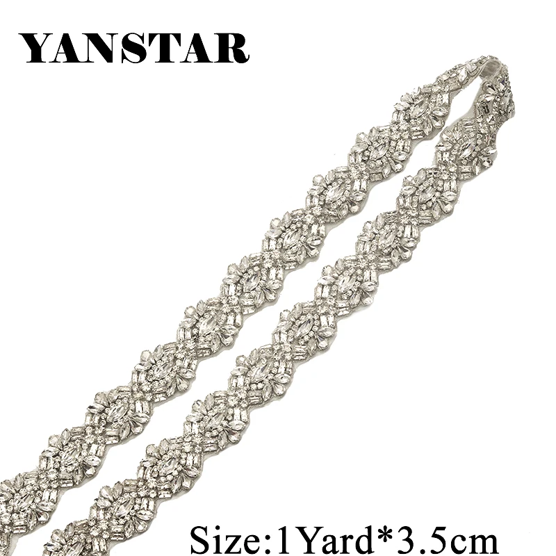 YANSTAR 1 Yard Rhinestones Appliques Wedding Dresses Belts Sew On Bridal  Sashes trim Clear Silver Rhinestones YS949