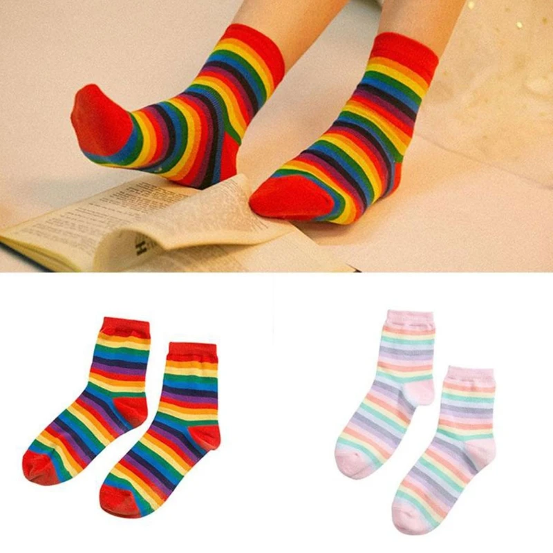 2024 new women socks 1 pair long cotton rainbow color striped printed novelty fashion lady autumn socks