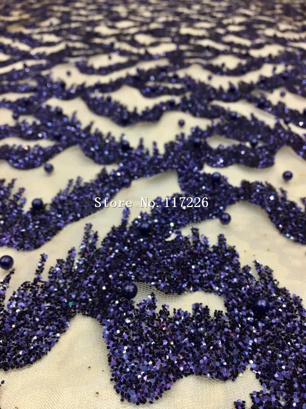 

5yards navy blue color glued glitter print african mesh tulle lace with beads for wedding/evening dress/party