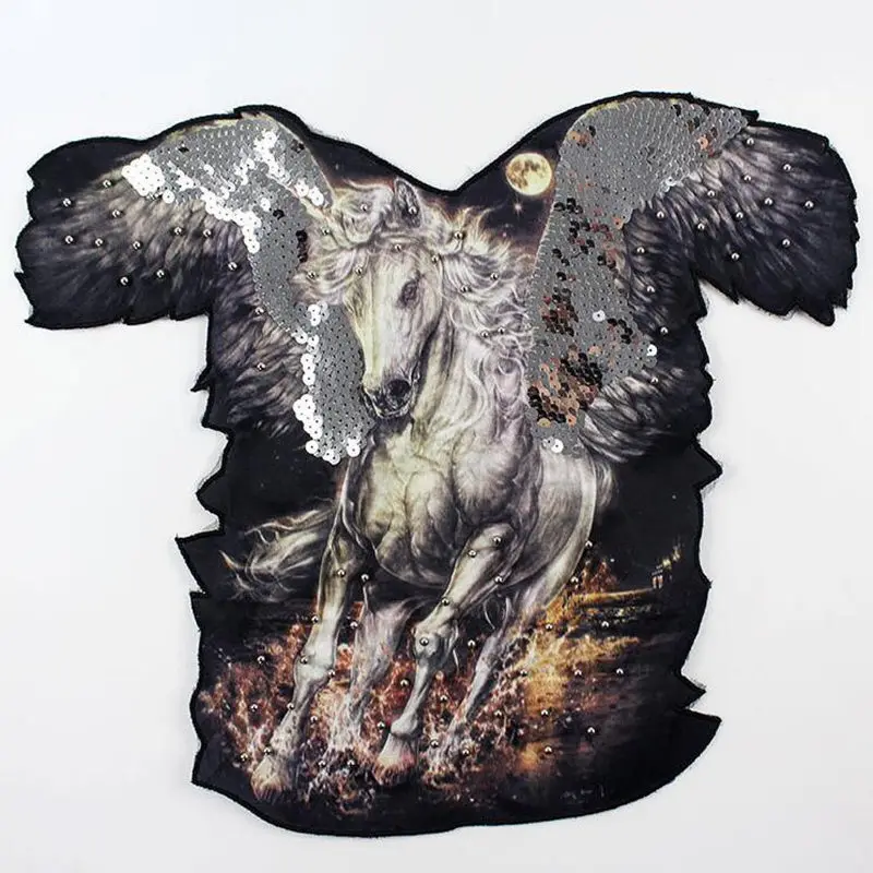 Pegasus Sequin Embroidered Fabric Large Patch Applique Stick Clothes Decorate Accessories DIY