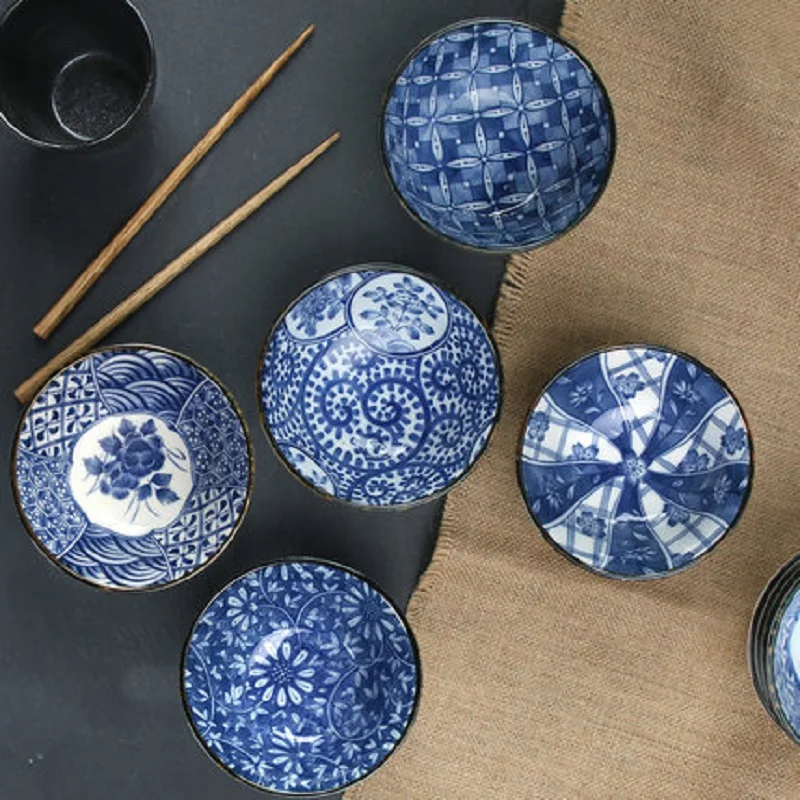 

Japan imported 5 PIECES Japanese household ceramic bowl and rice bowl bowl meal with blue and white porcelain bowl Gift Set