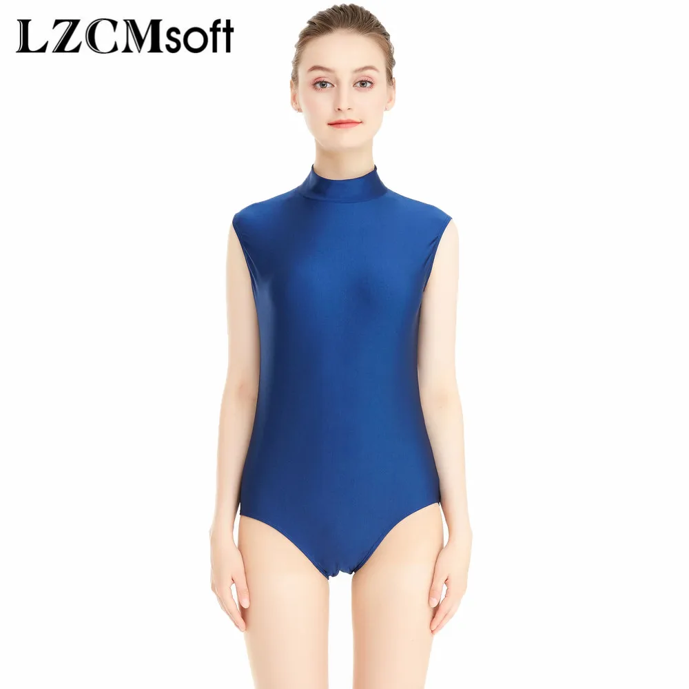 LZCMsoft Women's Mock Neck Ballet Dance Leotards Sleeveless Nylon Spandex Gymnastics Unitards Girls Navy Dance Wear