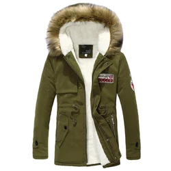 Parka com capuz de lã longa masculina, casaco grosso quente, gola de pele, casaco verde do exército, inverno, 2024