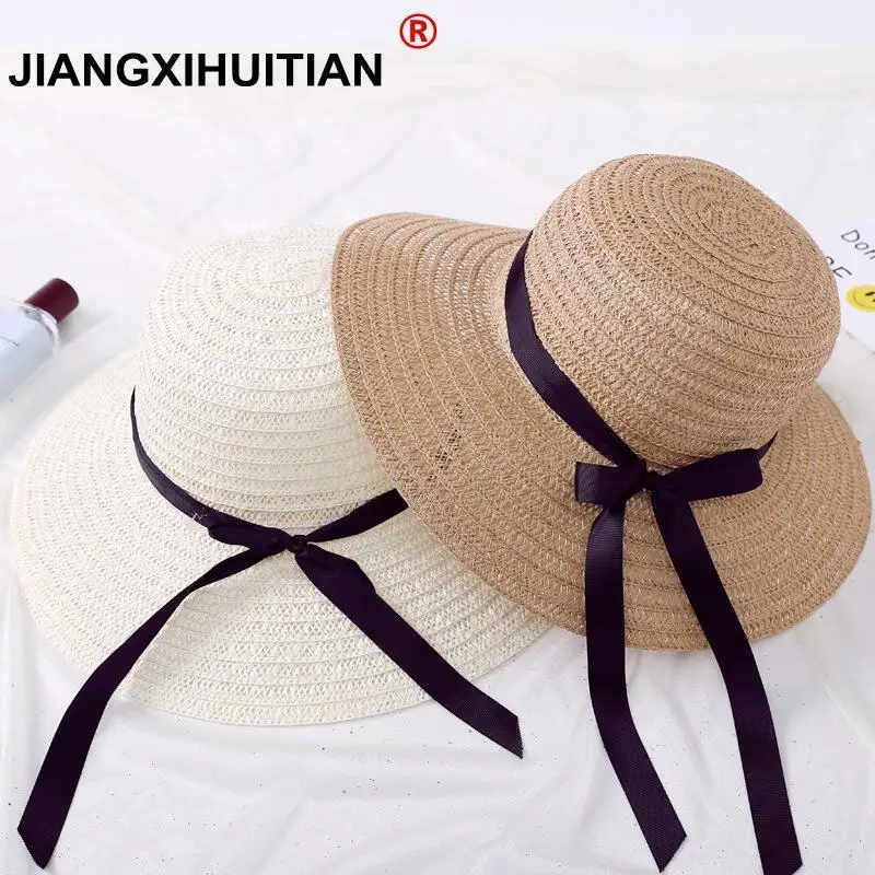 

jiangxihuitian 2018 Fashion Summer Straw Hat Cap Women's Ladies' Foldable Wide Large Brim Ribbon bowBeach Hat female Sun hat