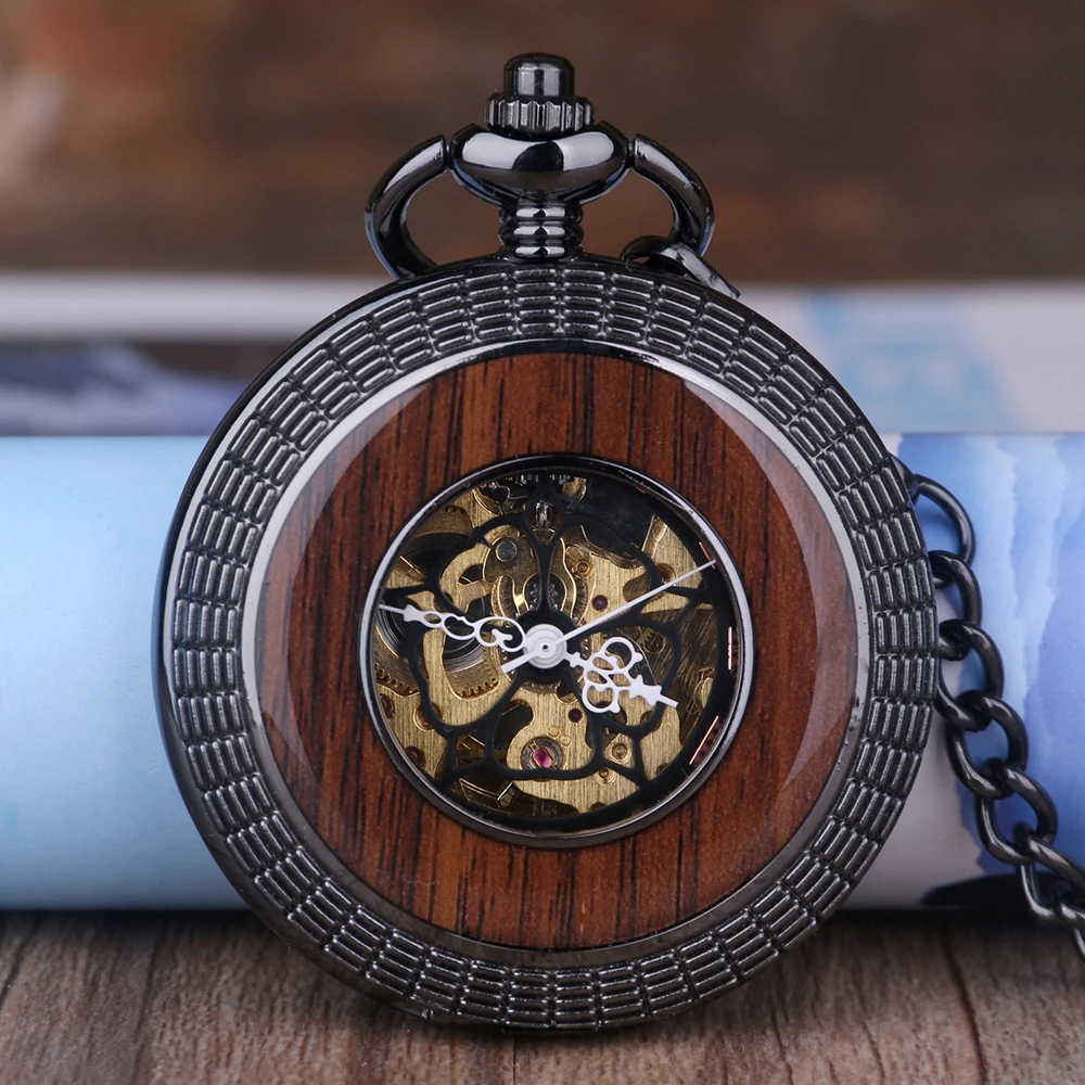 5pcs/lot Antique Wooden Bronze Analog Mechanical Pocket Watch Roman Number Dial Pendant Chain Men Women's Gift