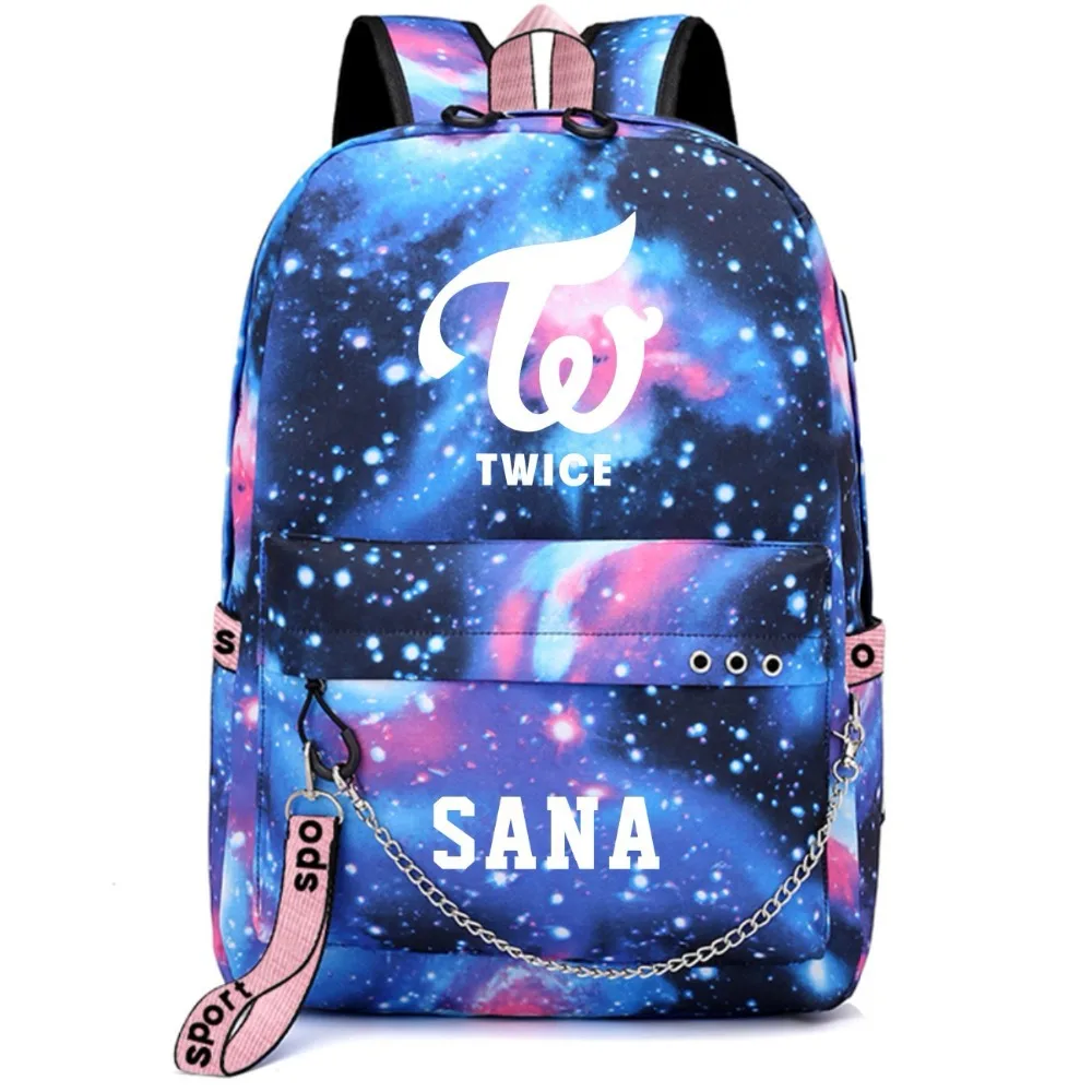 Twice Ji Hyo Tzuyu Mina Korean Backpack School Bags Galaxy Thunder Mochila Bags Laptop Chain Backpack USB Port