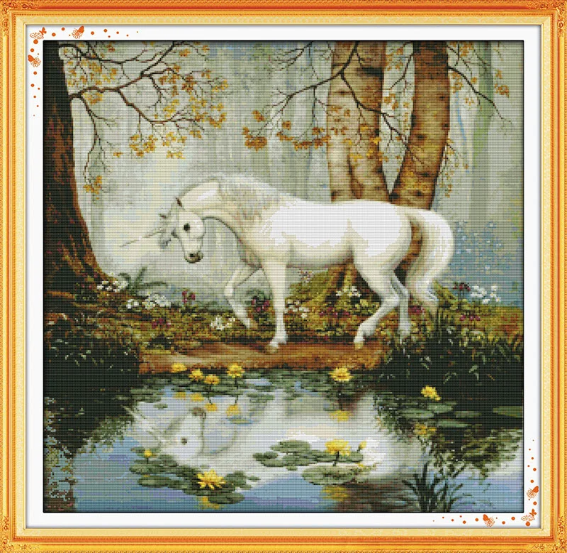 Unicorn Garden Cross Stitch Kit, Pre-stamped Canvas, Cross Stitch, Animal Embroidery, DIY Handmade Needlework, 14ct, 11ct