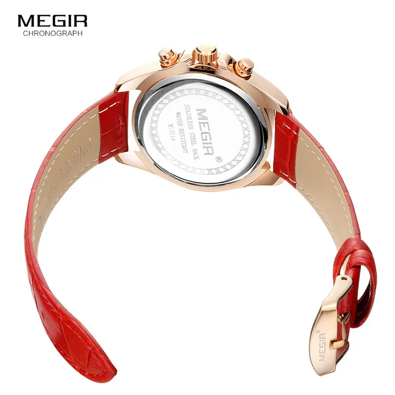 MEGIR Women\'s Casual Quartz Red Watches Chronograph Leather Strap Business Wristwatch for Lady Relogios Feminiinos Clock 2114