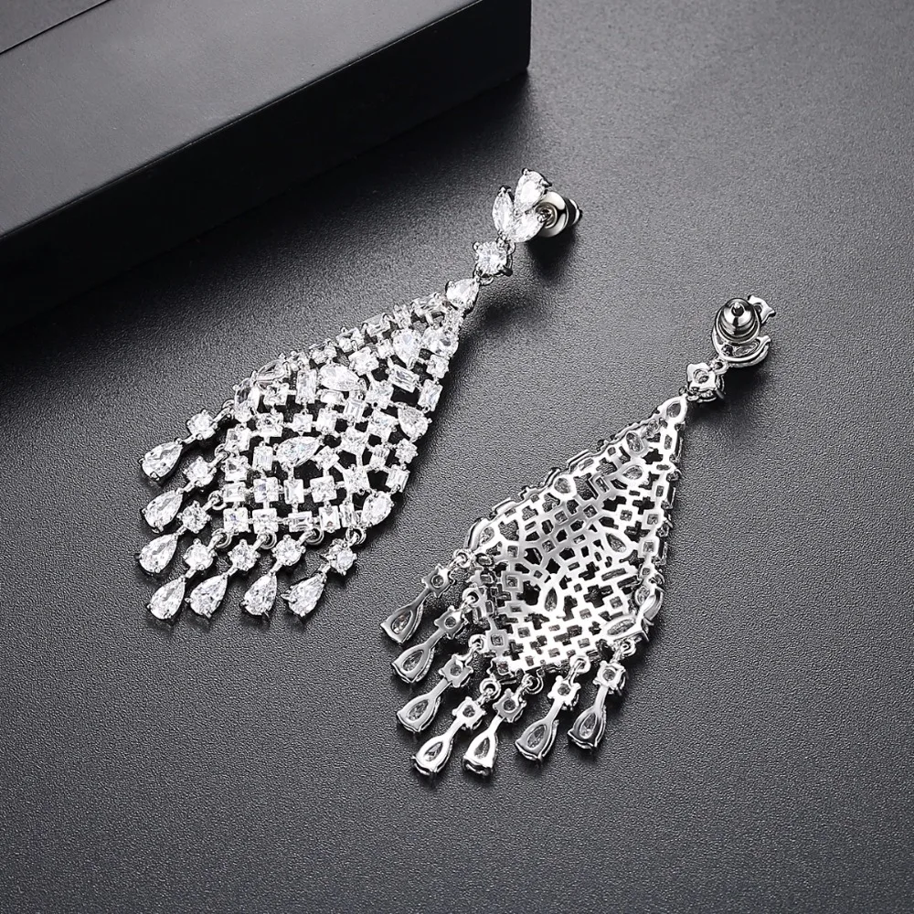 LUOTEEMI Trendy Charm Clear Shiny Cubic Zircons Tassel Drop Earrings For Women Multiple CZ Beads Wedding Bridal Party Jewelry