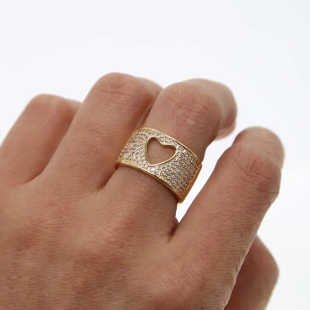 Sdzstone Yellow Gold color Radiant Hearts Clear CZ Finger Ring Women Mother Gift Jewelry