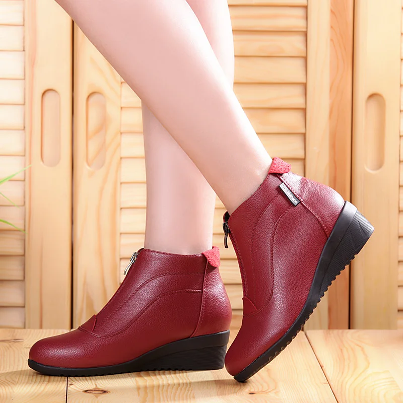 Fashion Women\'s Boots Woman soft Leather Ankle Boots women warm plush winter shoes Woman Snow Comfortable Dance boots