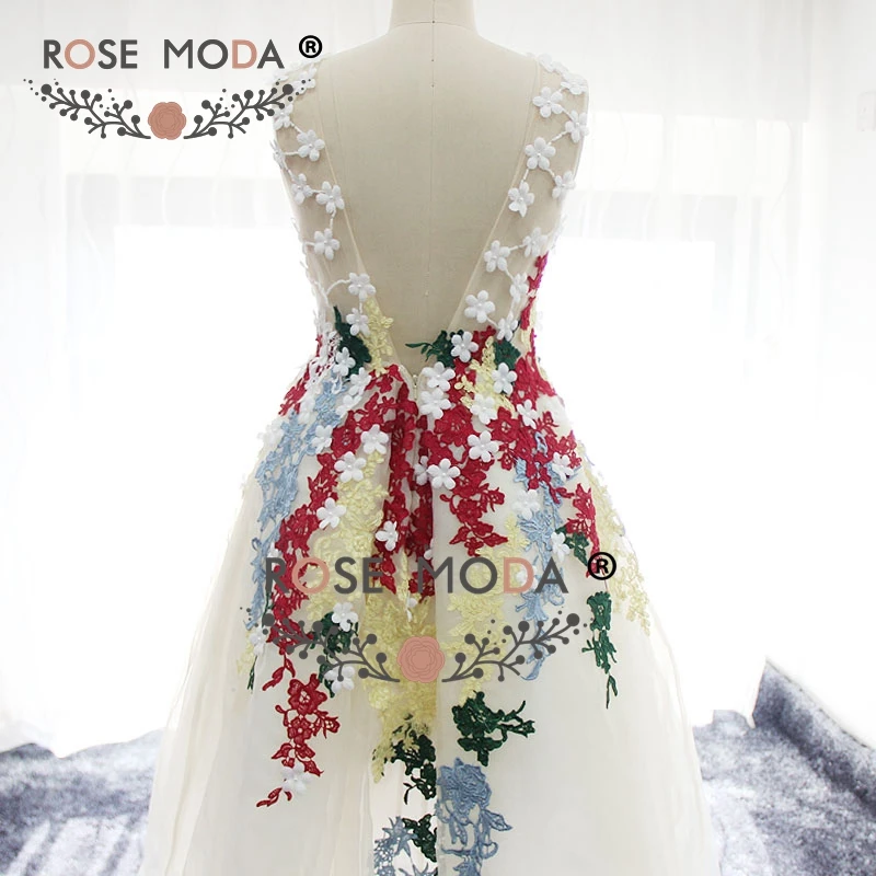 Rosa moda multi laços coloridos alta baixa graduação vestido baixo v volta 3d flores fotos reais