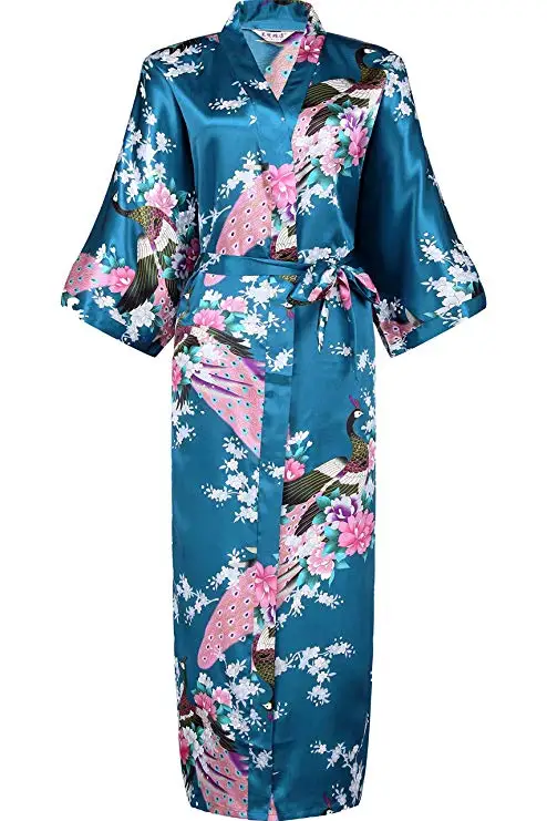 FZSLCYIYI Summer Pink Female Nightgown Kimono Bathrobe Rayon Sleepwear Peacock&Floral Bride Bridesmaid Wedding Robe Gown