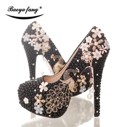 2019 New arrival Bridal Wedding shoes Womans Platform shoes black pearl  leather High heels Pumps ladies performance shoes