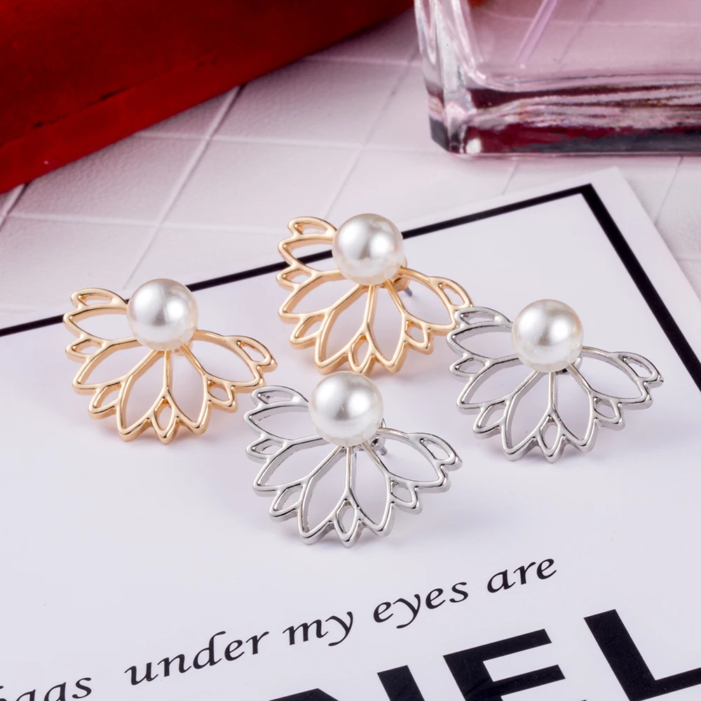 IPARAM Lotus pearl Jacket Flower Stud Earrings For Women fashion Jewelry Double Sided Gold Silver Plated earrings