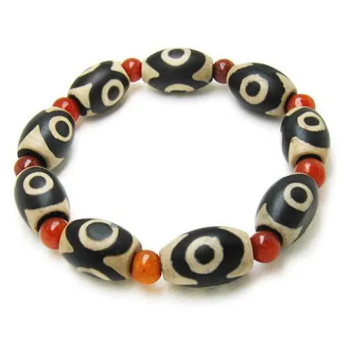 Beautiful Stretchy Tibetan Red Agate 10 Barrel 3-eye dZi Beads Beaded Amulet Bracelet