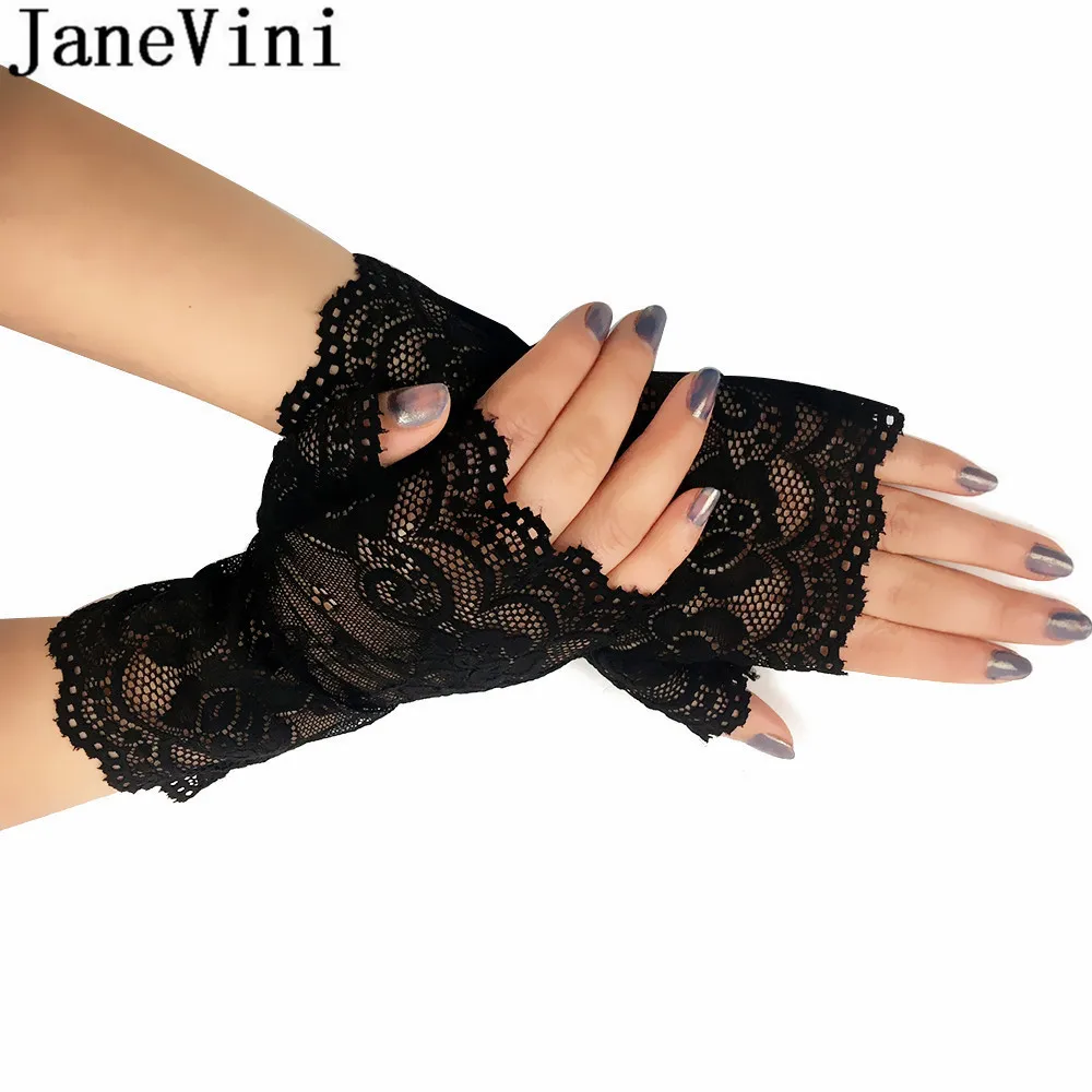 JaneVini Elegant Bridal Party Fingerless Wedding Gloves White Khaki Black Lace Gloves Brides Women Short Wrist Glove Gant Mariee