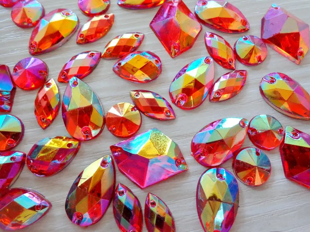 300pcs  mixed loading shape size  sew on rhinestones Red AB colour Acrylic Crystal  loose Beads hand sewing strass  for dress