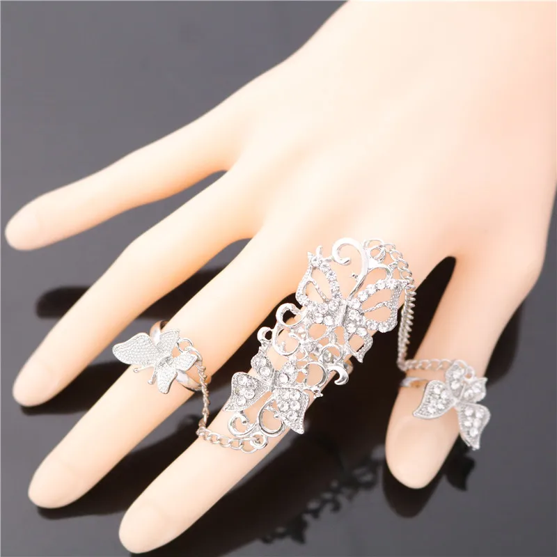 PAGlisten Rhinestone Flower Butterfly Full Finger Rings for Women Gold Chian Link Double Armor Ring SKU5961