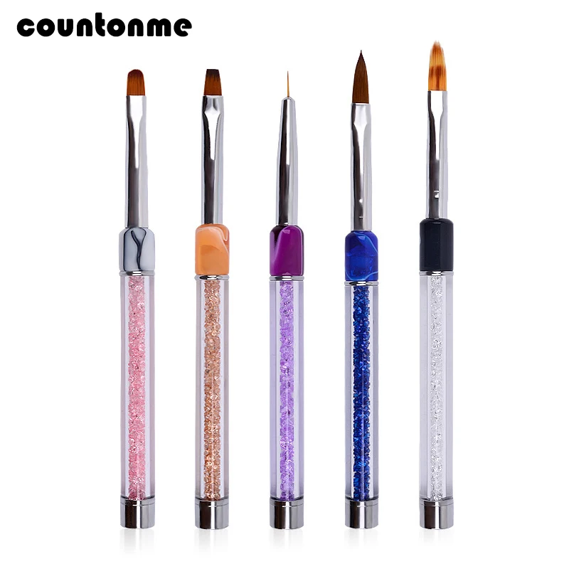 1PC Nail Art Brush Pen Carving Nail Painting Drawing liner Flower Coating Shaping Flat Brush Rhinestone Acrylic Handle Manicure