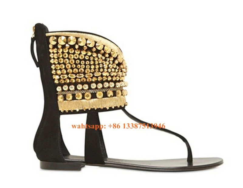 Women Summer Hotsale Clip Toe Ankle Wrap Gold Spike Flat Sandals Zipper-up Rivet Gladiator Sandals Fashion Beach Shoes