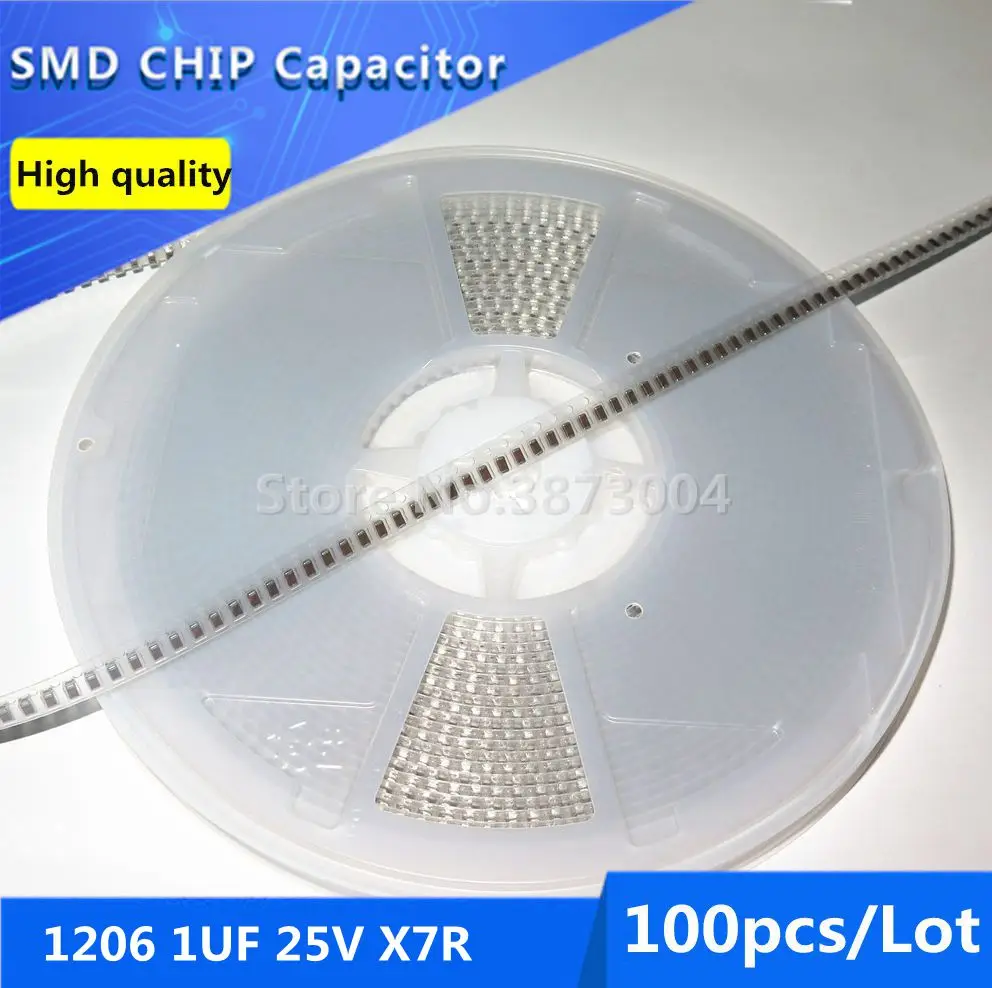 100pcs 1206 1UF 25V X7R 10% Thick Film Chip Multilayer Ceramic Capacitor