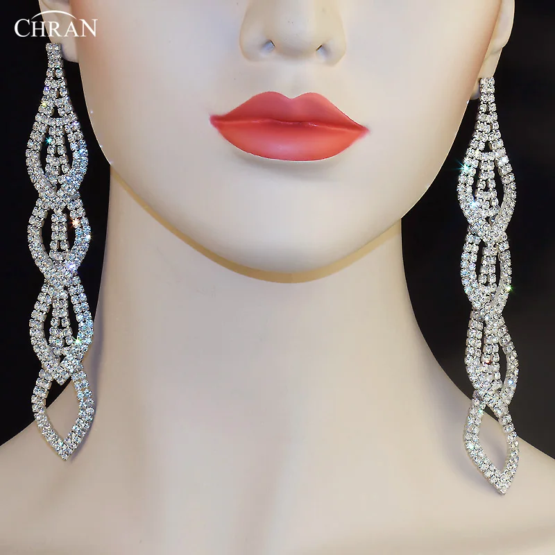 CHRAN Luxury Silver Plated Exaggerated Rhinestone Bridal Jewelry Fashion Link Drop Ultra Long Tassel Crystal Earrings for Women