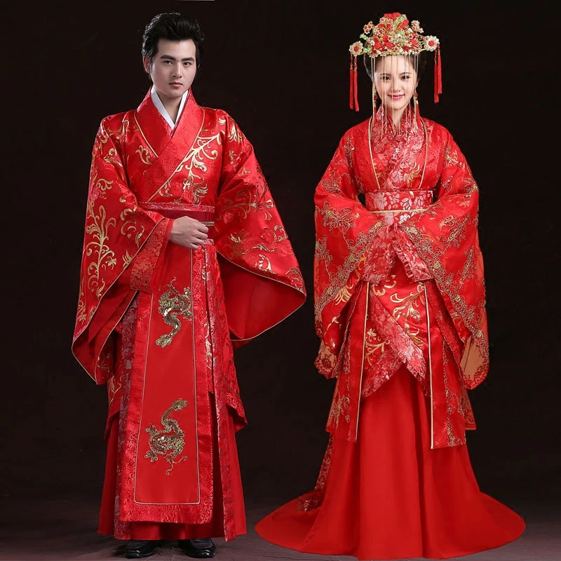 Chinese Ancient Wedding Bride Dresses Antique Groom Wedding Garment Red Couple Lovers Hanfu Costume Woman With Long Tail Dress