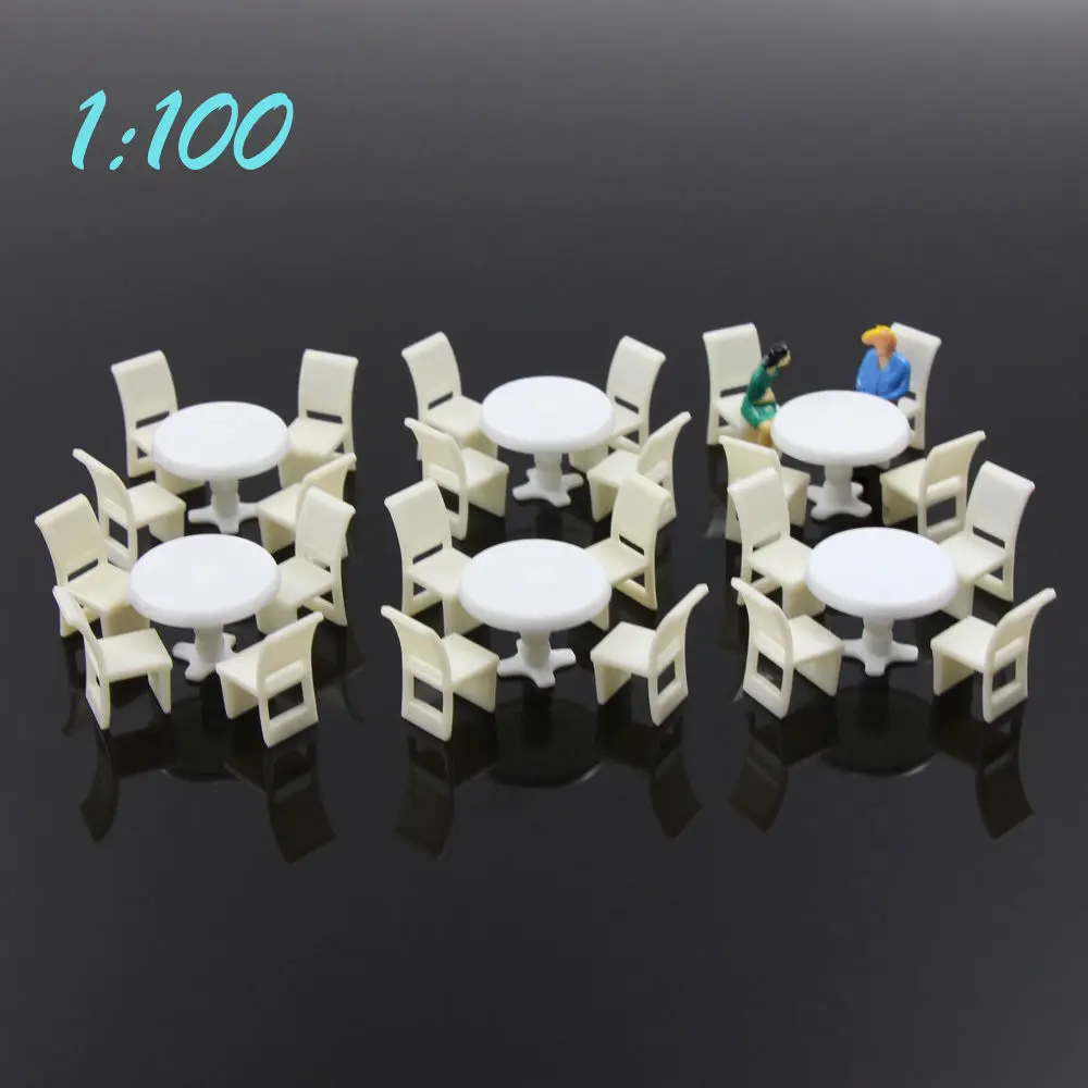 ZY01100 Evemodel 6 Sets HO TT Scale 1:100 White Round Dining Table Chair Settee Model Scene