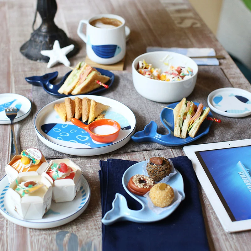 Creative Europe Ocean Fish ceramic dinnerweare sets porcelain tableware milk coffee mug/cup+salad rice bowl+4pcs plates/dishes