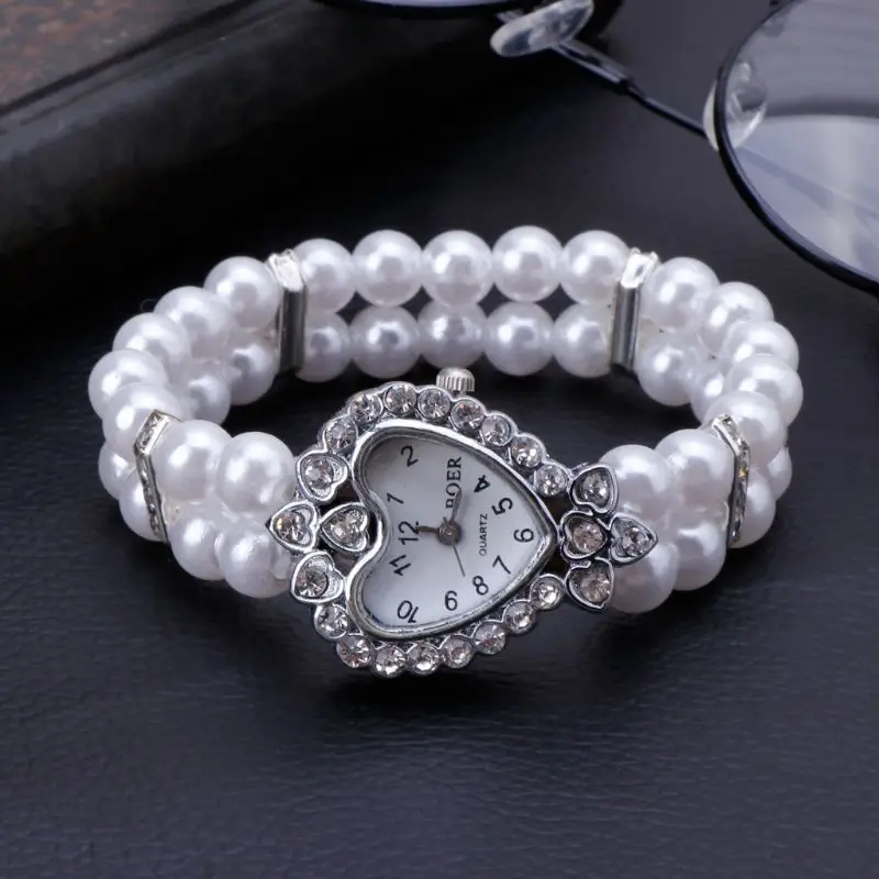 Women Watch Simulated Pearl Rhinestone Luxury Elegant Wrist Band Bracelet Jewelry Gifts Lady Elastic Universal Charms
