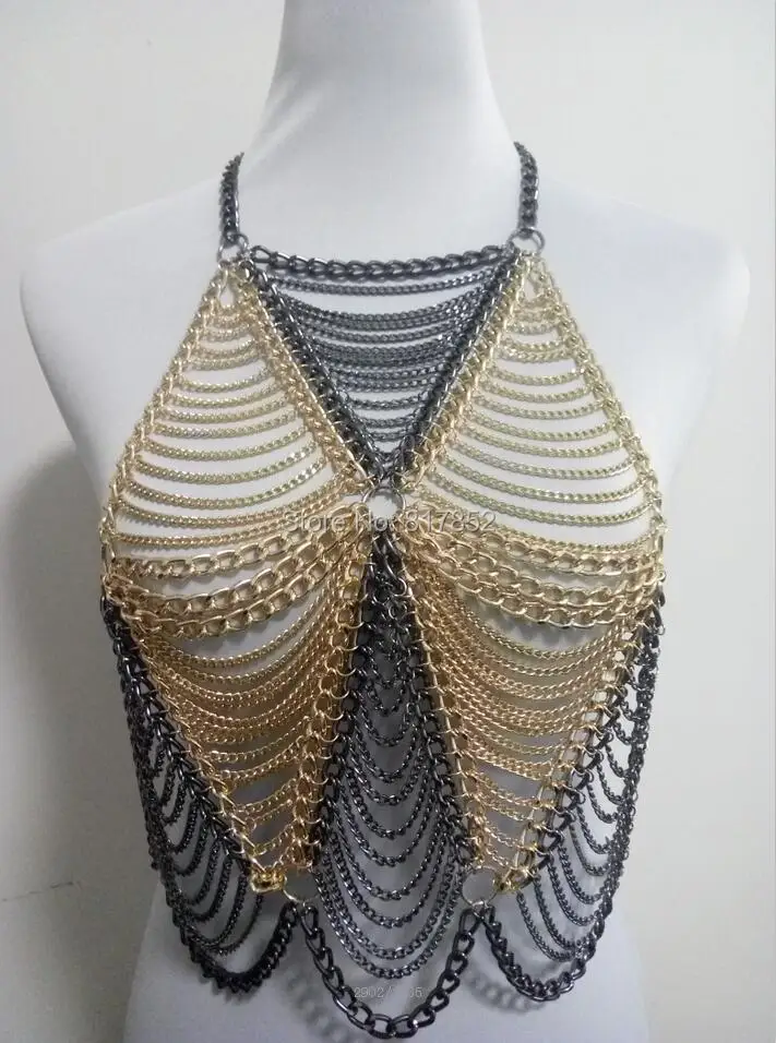 New Style Fashion Women Gold&Black Plated Chains Unique Harness Triangle Neck Body Chains Jewelry  WRB18