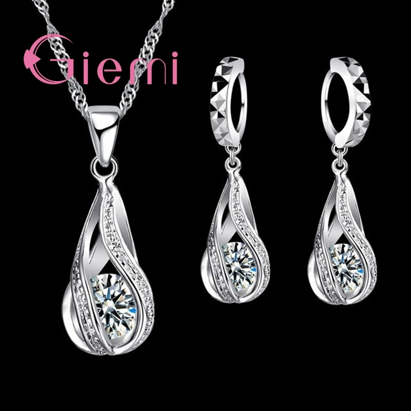 100 % 925 Sterling Silber Neue Wassertropfen Kubikzircon Anhänger Halskette & Ohrringe Für Frauen Damen Schmuck Sets Hochzeit