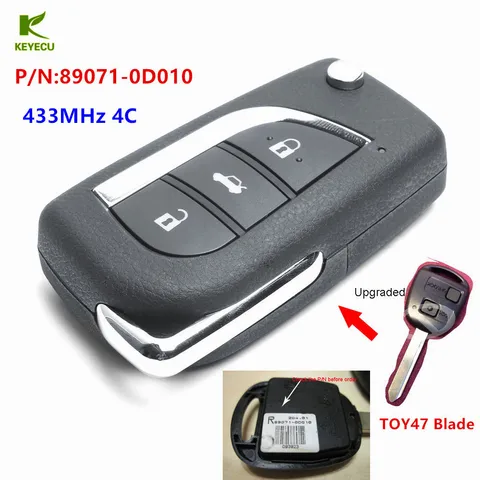 Сменный улучшенный брелок-ключ KEYECU 433 МГц 4C для Toyota Yaris Avensis Corolla Carina, артикул: 89071-0D010 + лезвие TOY47