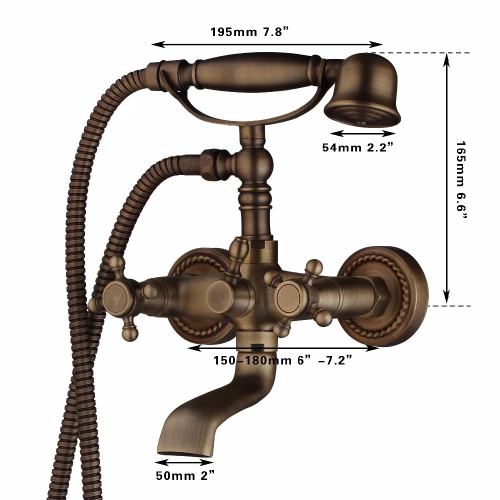 Monite Wall Mounted Antique brass Shower Set Head & Hand Shower Bathroom Double Handle Dual Hole Bathtub Faucets Shower Set