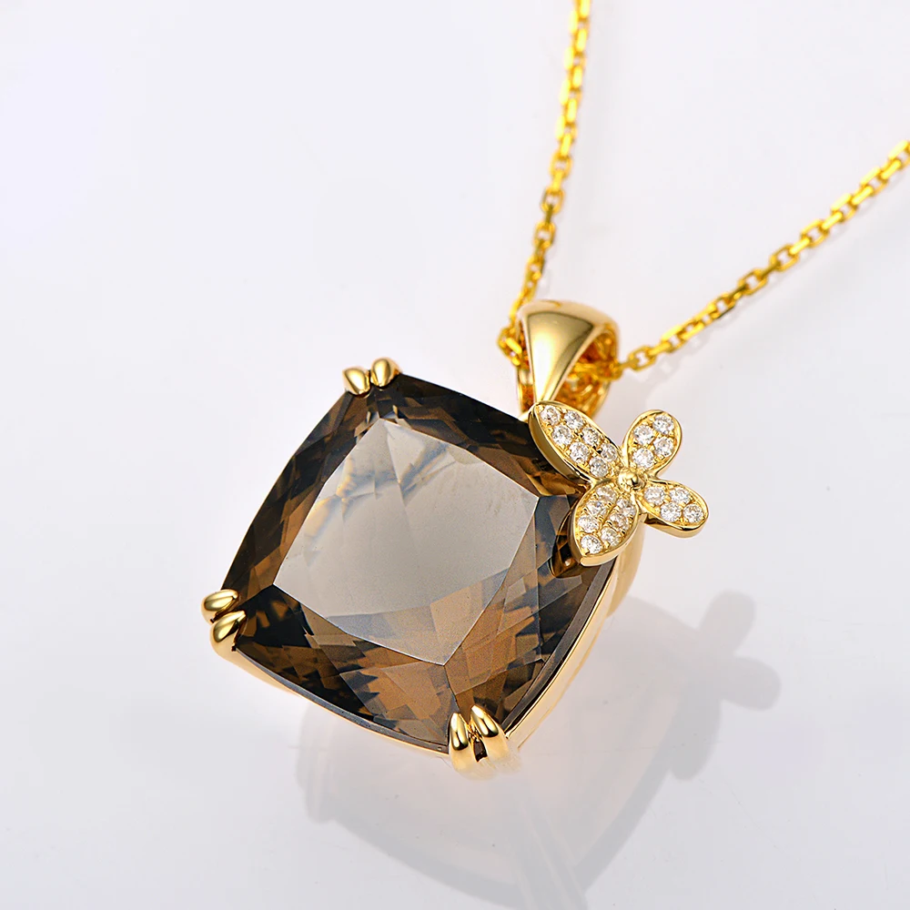 Caimao Jewelry 20.68ct Natural Smoky Quartz 14K Yellow Gold 0.12ct Pave Set Diamonds Pendant