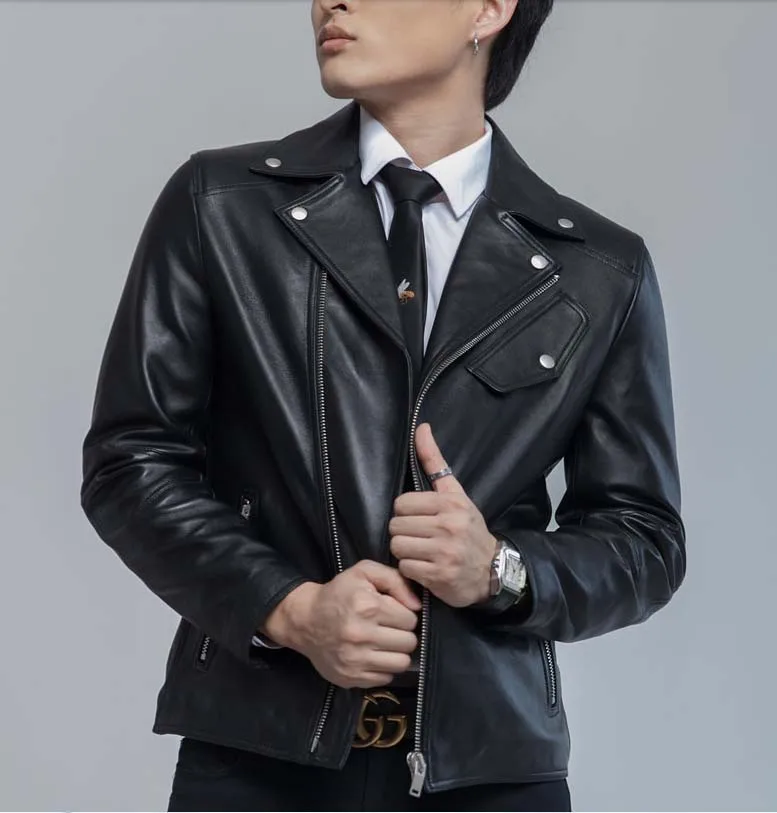 Popular man's genuine sheepskin lambskin leather coat turn-down collar male 2023 new spring jacket black plus oversize xxxl 3xl