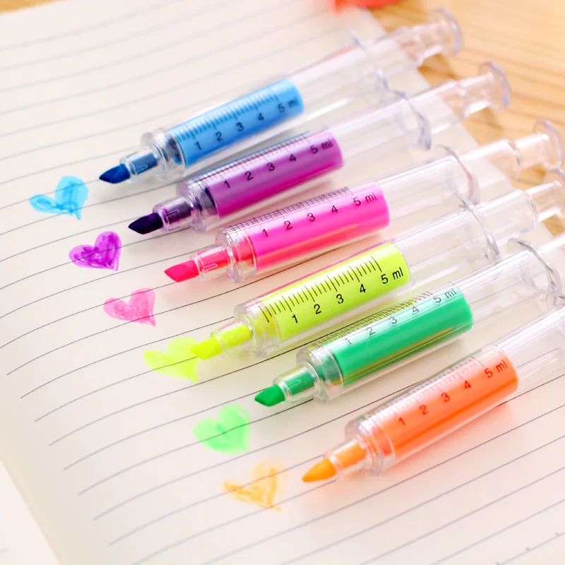 

New 6pcs/Pack Funny Kawaii Syringe Fluorescent Pen Keywords Mark Pen Highlighter Pen School And Office Stationery