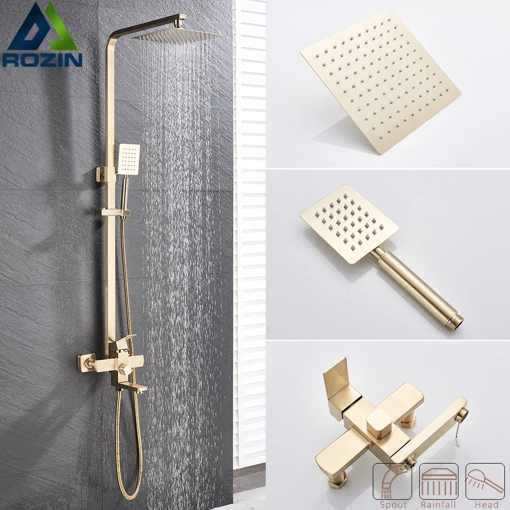 Brushed Gold Shower Faucet Set Bathroom Wall 8