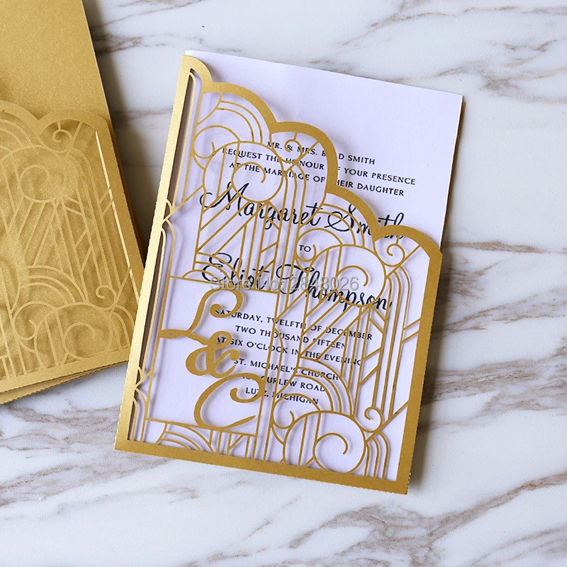 Personalized  Initials 50pcs Gold Gatefold Wedding Invitation,laser cut custom invitations, personalized greeting card