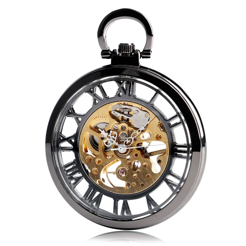 Classic Trendy Hand-winding Pocket Watch Steampunk Pendant Black Case Mechanical Clock Men Women Fob Chain Birthday Xmas Gift