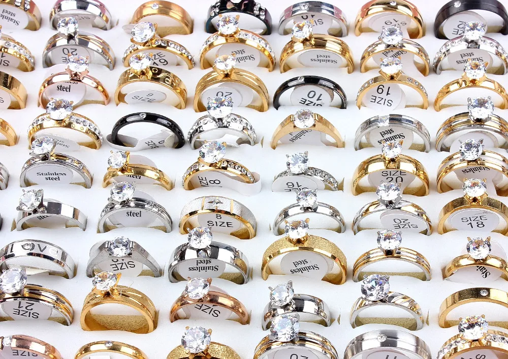 QianBei 30Pcs/Lot Womens Zirconia 316L Stainless Steel Rings Engagement Finger Jewelry Free Shippinng