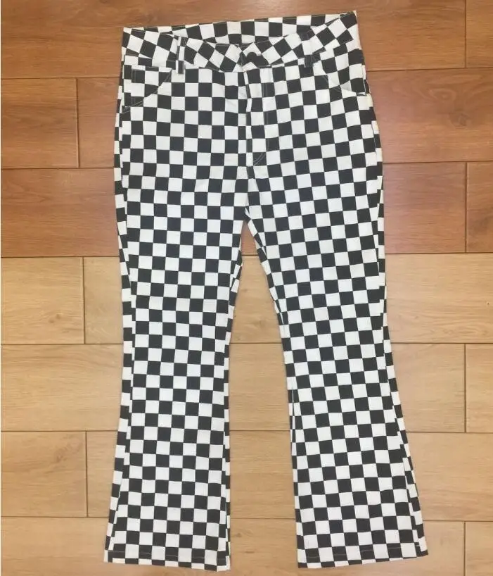 Elegant Women Mid Waist Plaid Checkerboard Cropped Flare Pants Bottom Vintage Trousers Palazzo Ankle-length Pant Pantalon Femme