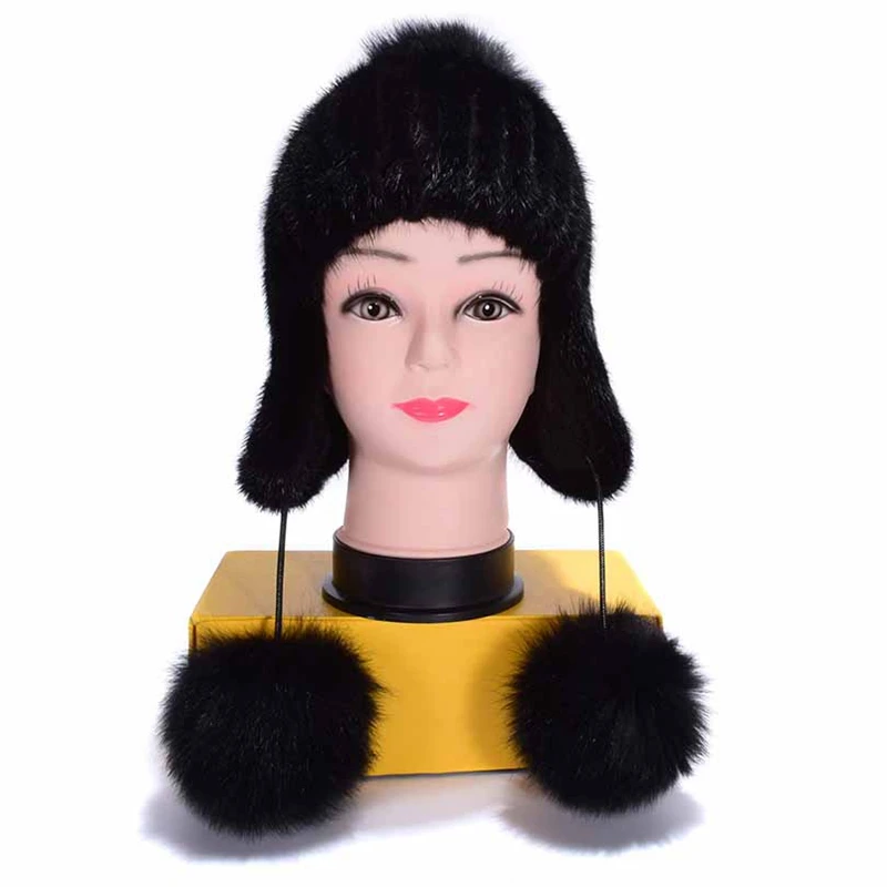 

Russian Women Real Knitted Mink Fur Bomber Hats Fox Poms Winter Lady Caps Fashion Headgear LF6003