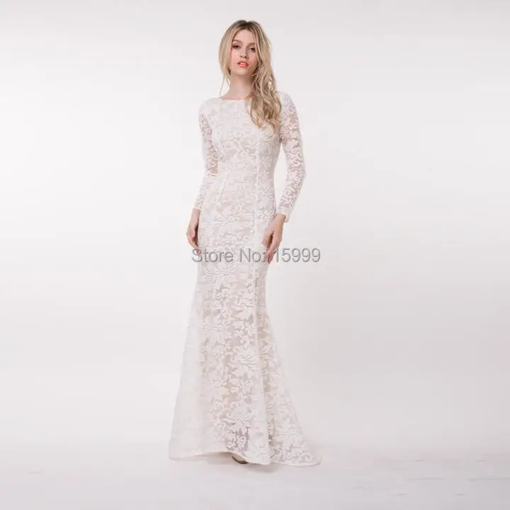 Vestido Sexy de manga larga para mujer, vestido Formal de encaje con cuello redondo y espalda descubierta para fiesta de noche, baile de graduación y boda, nuevo, largo Maxi