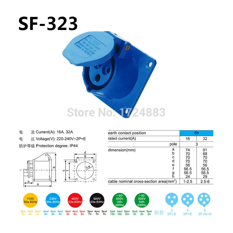 32A 3 pole connector Industrial male&female sockets SF-123/SF-323/SF-423/SF-523/SF-623/SF-123L waterproof IP44 220-240V~2P+E