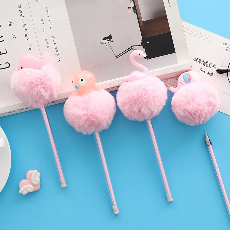 1 Pcs Cartoon Hair Ball Gel Pen Student Cute Office Signature Pen Stationery School Kawaii Promotional Gift Supplies